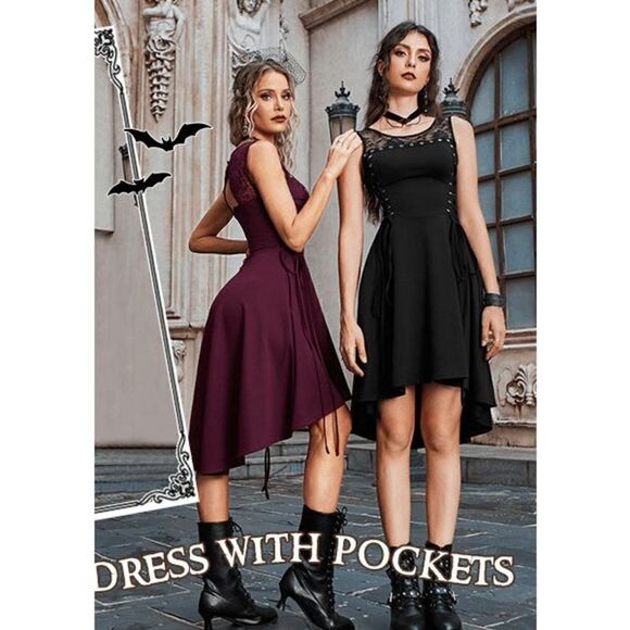 ❤️ Gothic Victorian Sleeveless Lace-Up Hi-Lo Dress with Pockets SIZE S NWT - Picture 4 of 17